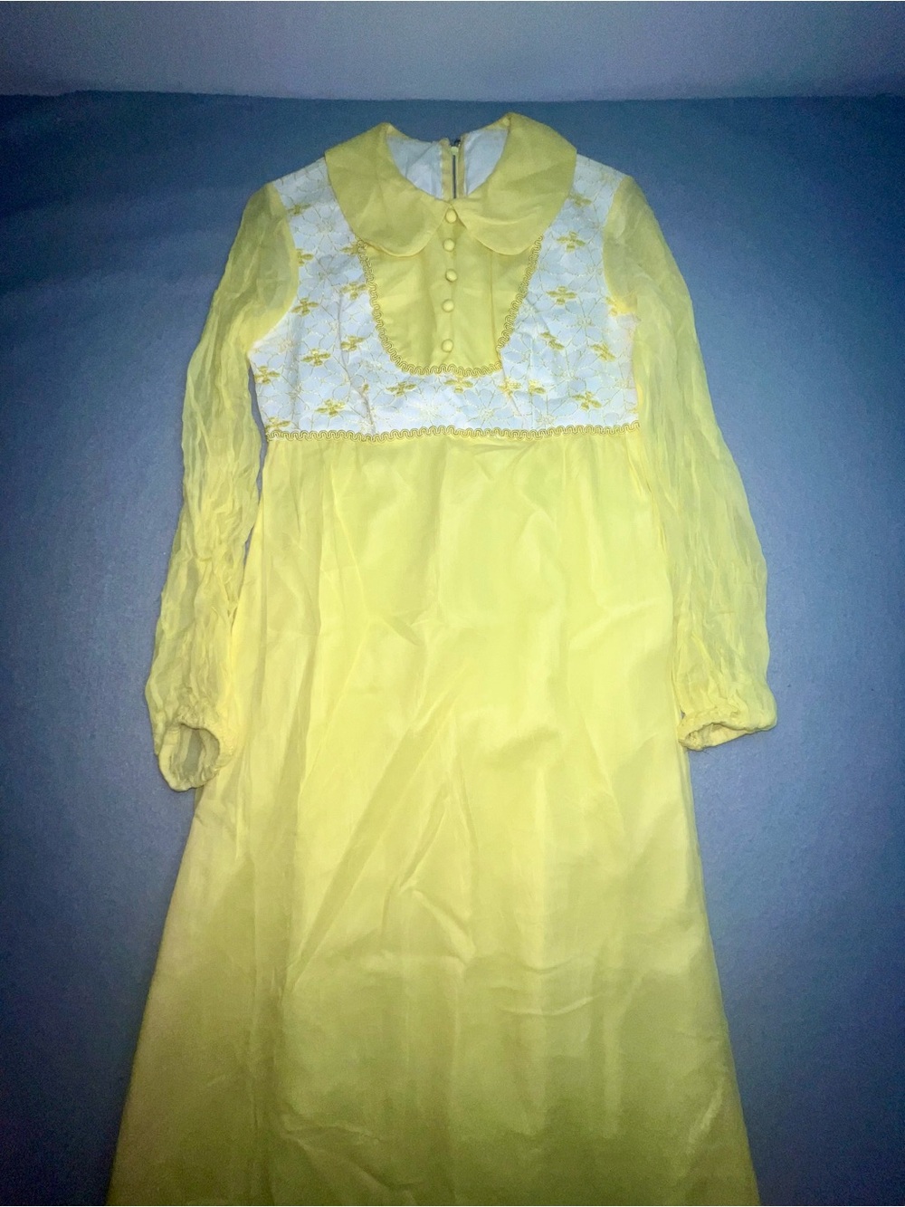 Vintage Yellow Long Sleeve Maxi Dress White Lace Bodice Peter Pan Collar Size M